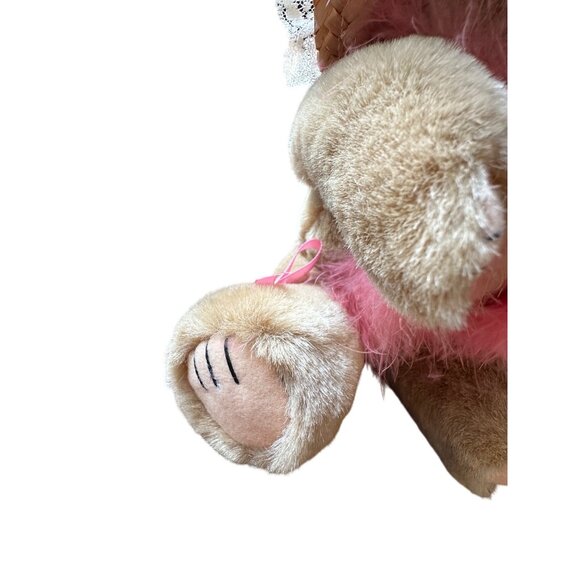 Bearly People Pink feather boa pearls rose tan bear 12" jointed vintage - Picture 11 of 13